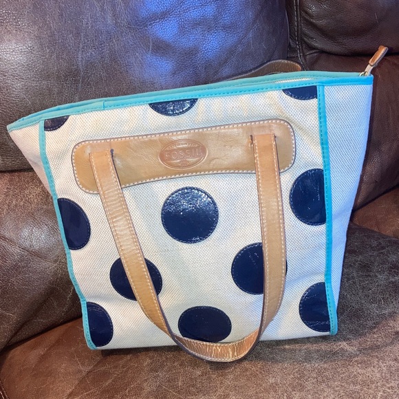 Fossil Handbags - Fossil Blue and Tan Polka Dot Tote